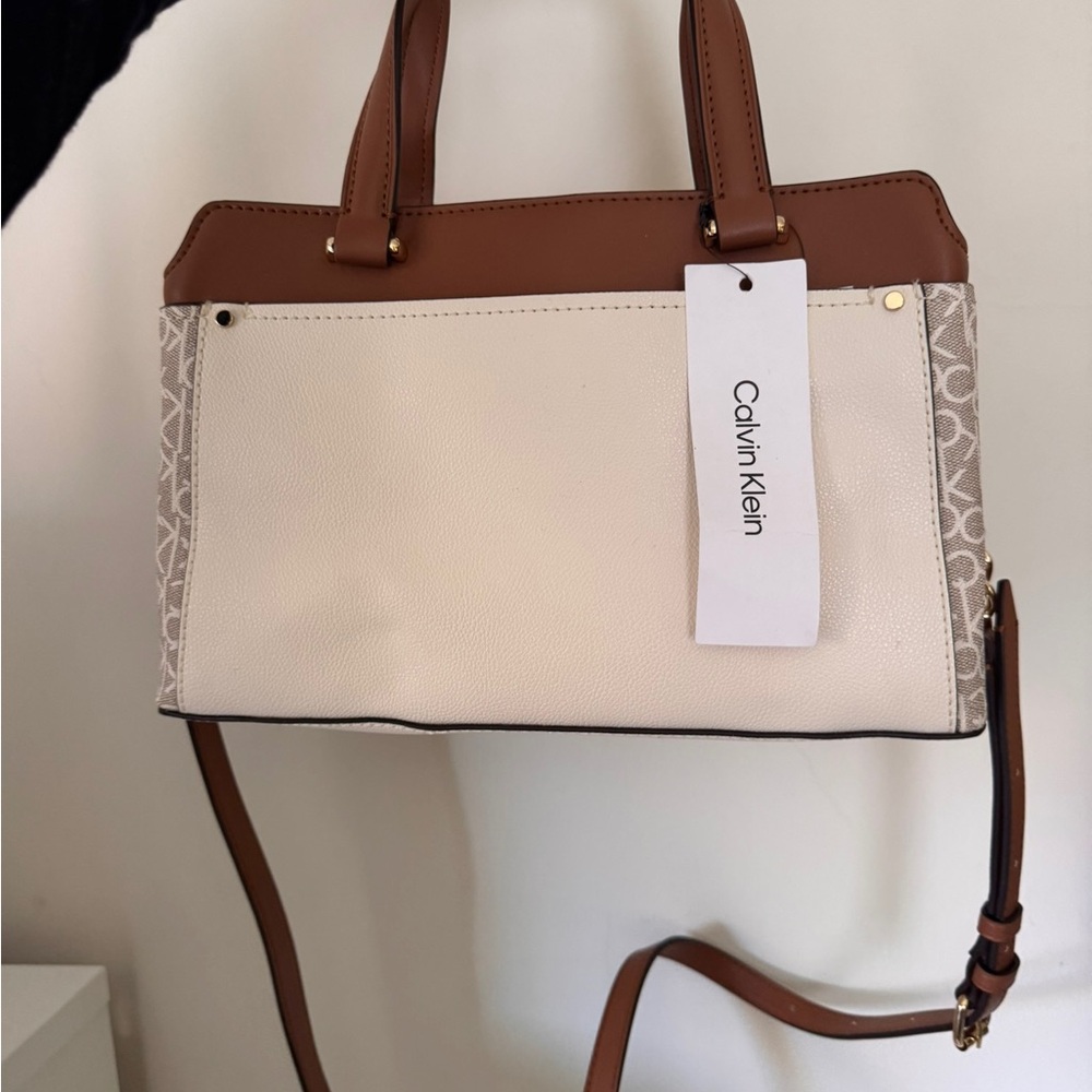 Cream and Brown Structured Satchel with Leather Trim Calvin Klein